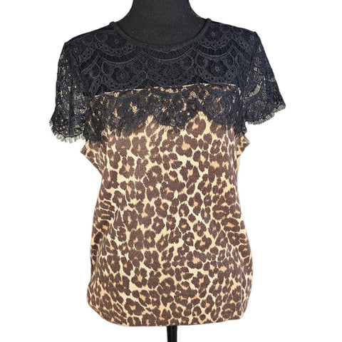 Ann Taylor Leopard Print Lightweight Sleeveless Sweater with Lace Yoke, Size M