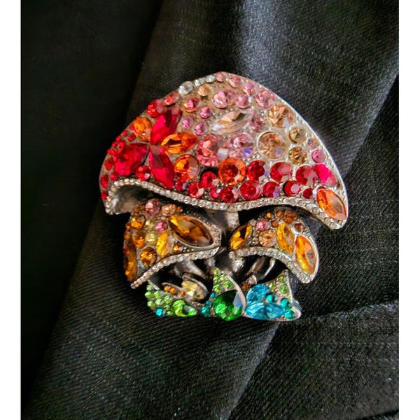 Large Jeweled Cluster of Colorful Mushrooms Brooch