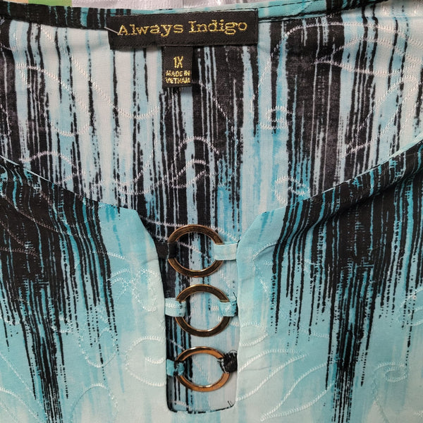 Always Indigo, Black and Ocean Colors Zigzag Women Loose Fit Blouse, Size 1X