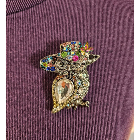 Vintage Inspired Classy Owl Brooch With Hat & Rhinestones