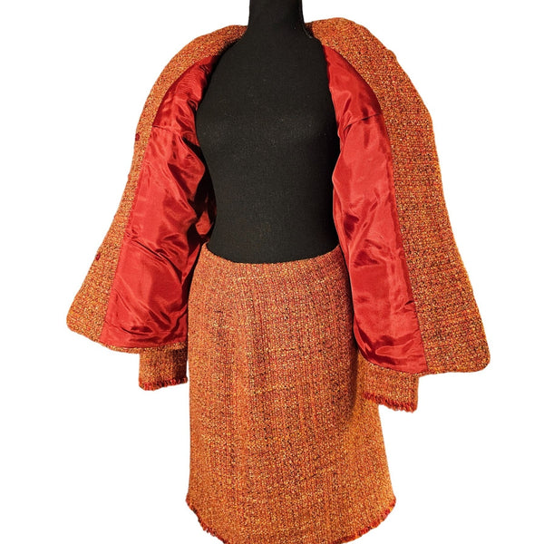 Alfani 70s Retro Style Tweed Wool Blend Fringed Skirt Set. Shoulder Pads Size 12