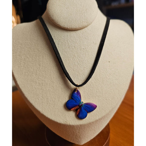 Butterfly Pendant Necklace With Black Leather & Adjustable Chain Closure 9"-11"