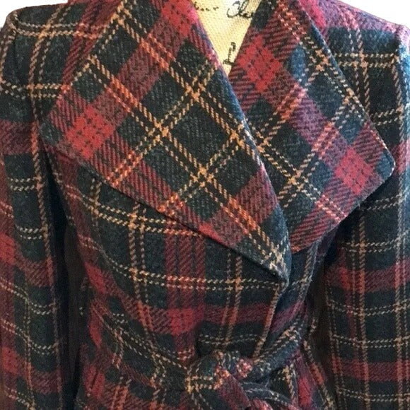 Evan Picone Belted Wool Blend Women's Blazer Coat. Red, Black and Tan. Size PM