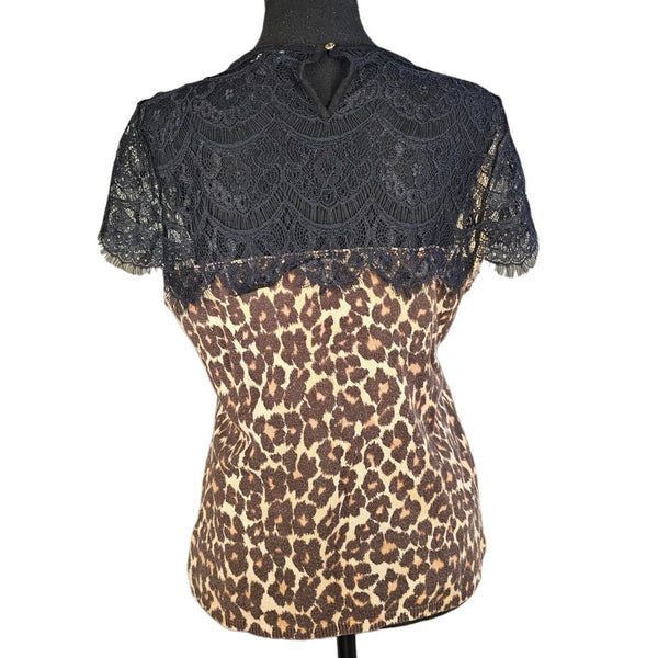 Ann Taylor Leopard Print Lightweight Sleeveless Sweater with Lace Yoke, Size M