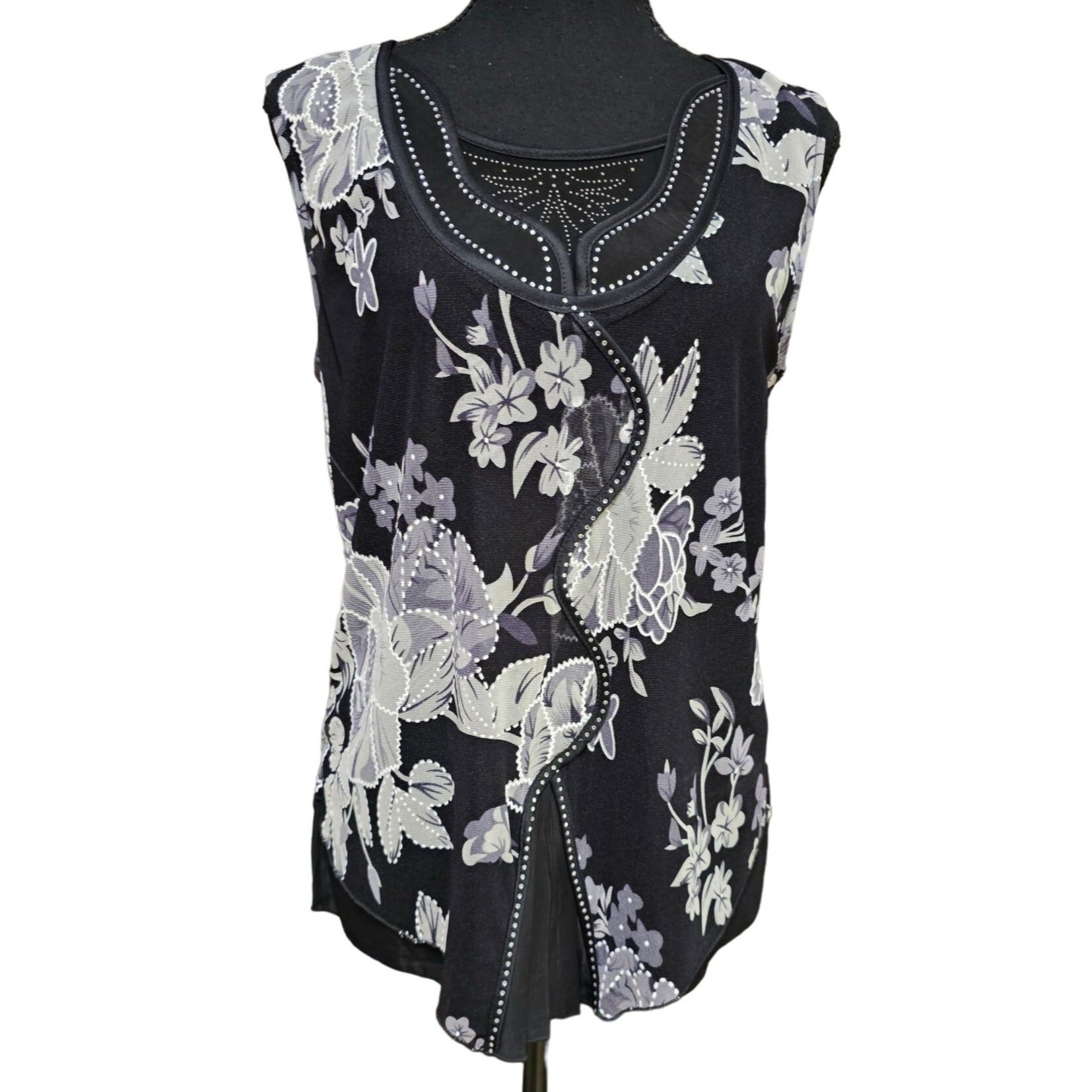 Appointments Semi-Sheer Black and White Formal, Sleeveless Blouse, Size M