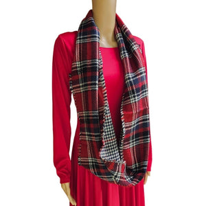 Red, White & Navy Blue Plaid Tartan and Houndstooth Double Sided Oversized Scarf