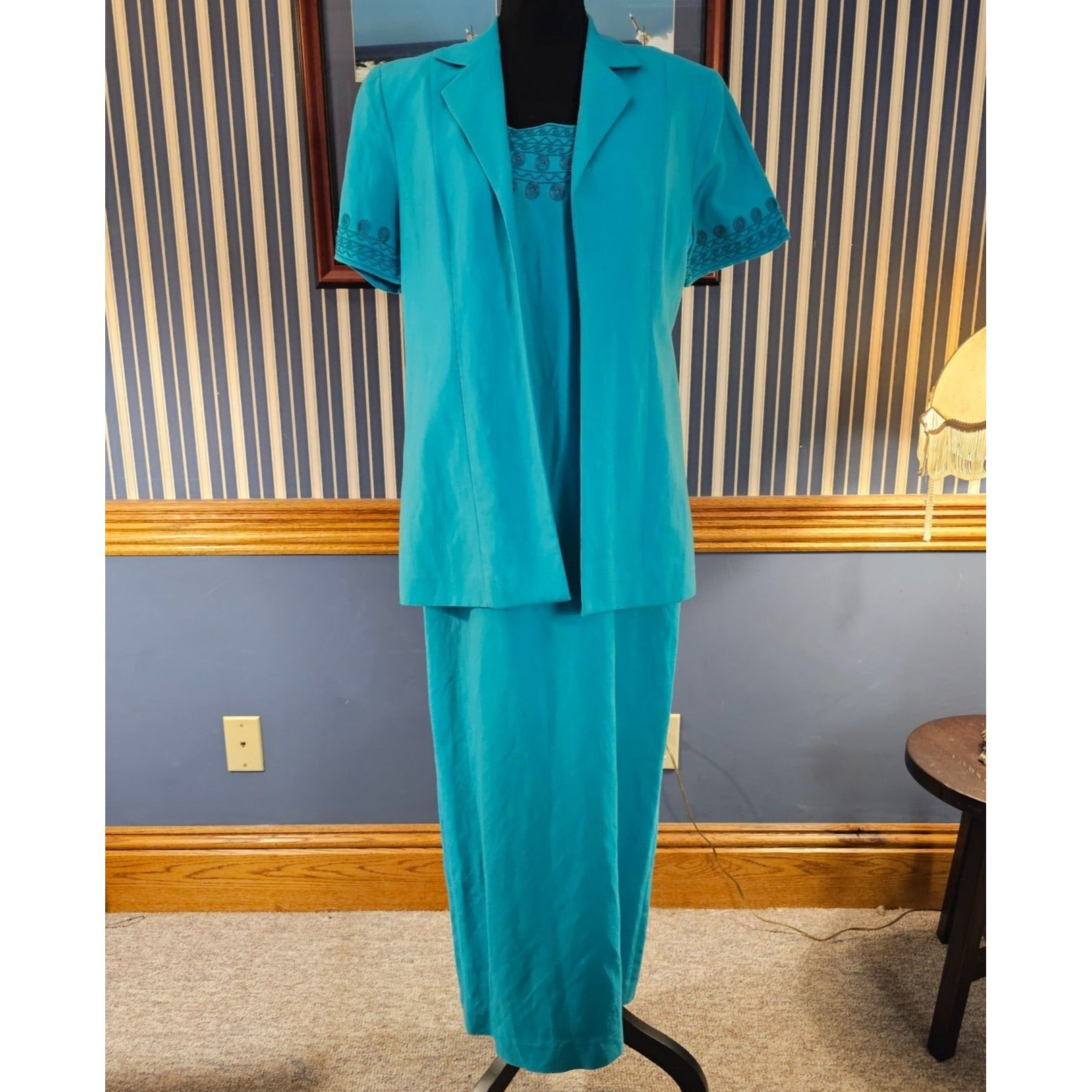 Jessica Howard Turquoise 2-Piece Set Full Length Dress Set Linen Blend Size 8