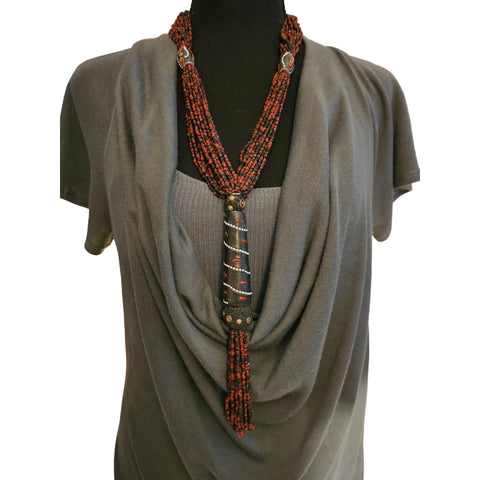 Brown and Black Multi-Strand Western Tribal Necklace with Lace Yoke Necklace