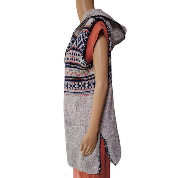 Jodifl Sleeveless Western Aztec Pattern Sweater Cardigan with Hood, Size Medium