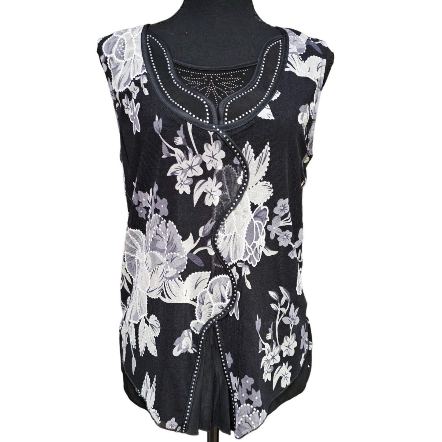 Appointments Semi-Sheer Black and White Formal, Sleeveless Blouse, Size M