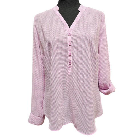 a.n.a. Full Sheer Pink and White Loose Fit Heart Pattern Roll Up Button Sleeves