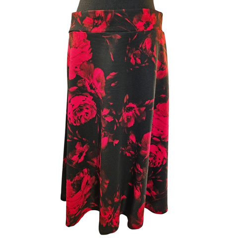 Black & Red Floral A-Line Skirt Ribbed Texture Polyester/Spandex Size Small