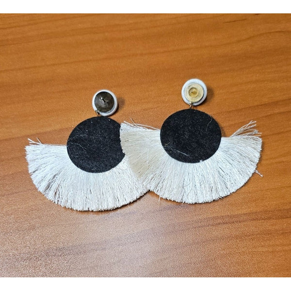 Boho Chic Black and White Fringe Earrings With Rhinestones & Fabric Accents