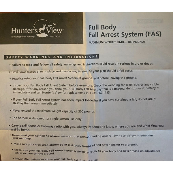 Hunters View Full Body Fall Arrest System Harness 300 Lbs Capacity