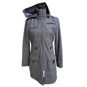 Tulle Gray Mid Length Wool Blend Removable Hood Coat. Decorative Lining, Size S