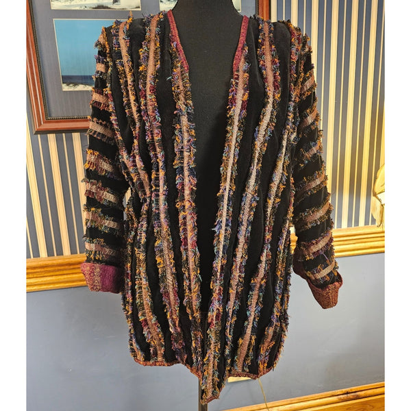 Yak Magik Velvet Black Soft Lined Cotton Jacket with Silk Multicolor Trim Stripes