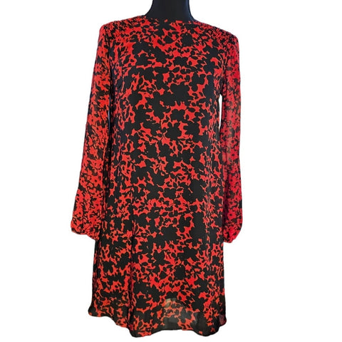 Taylor Brand Black and Red Long Sheer Sleeves, Loose Fit Flowy Minidress, Size 2