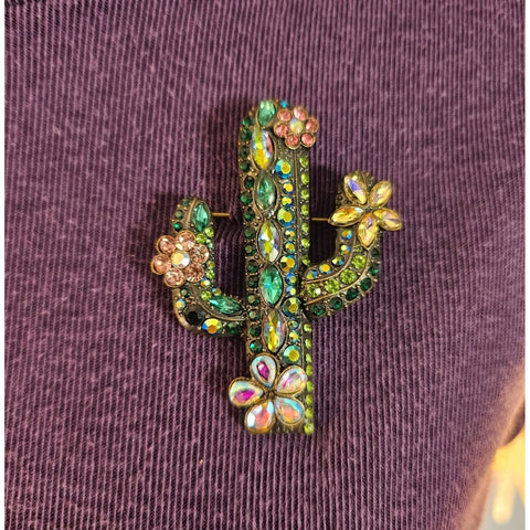 Western Style Cactus Rhinestone Brooch Pin