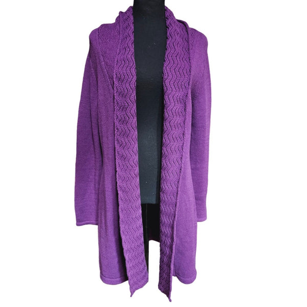 Leo Nicole Tight Knit Rich Purple Mid-Length Open Sweater Cardigan, Size M