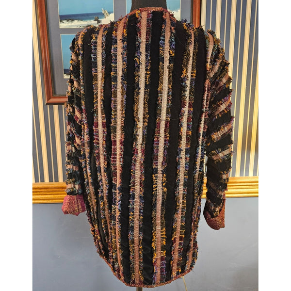 Yak Magik Velvet Black Soft Lined Cotton Jacket with Silk Multicolor Trim Stripes