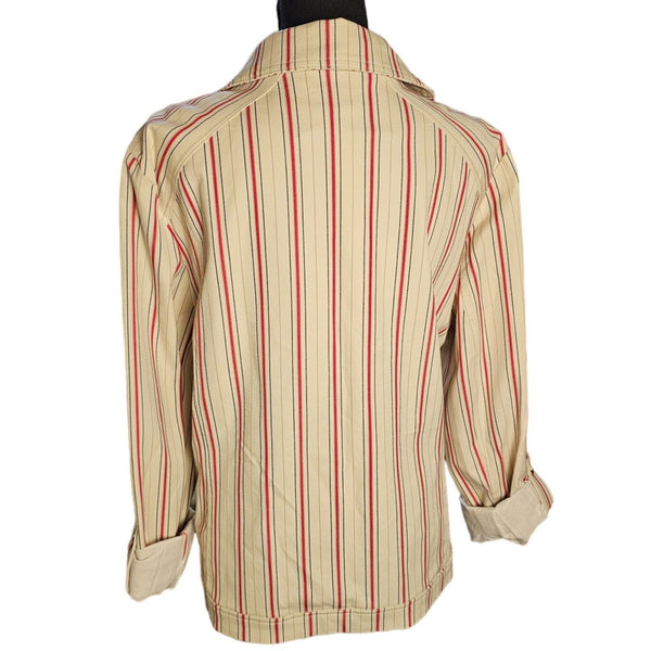Chico's Thin Denim Cream & Red Striped Fabric Gold Snap Closure Jacket, Size 16