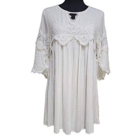Andree by Unit White Babydoll Lace and Gauze Mini Dress, Size Small