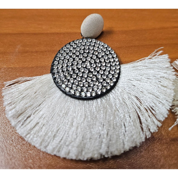 Boho Chic Black and White Fringe Earrings With Rhinestones & Fabric Accents