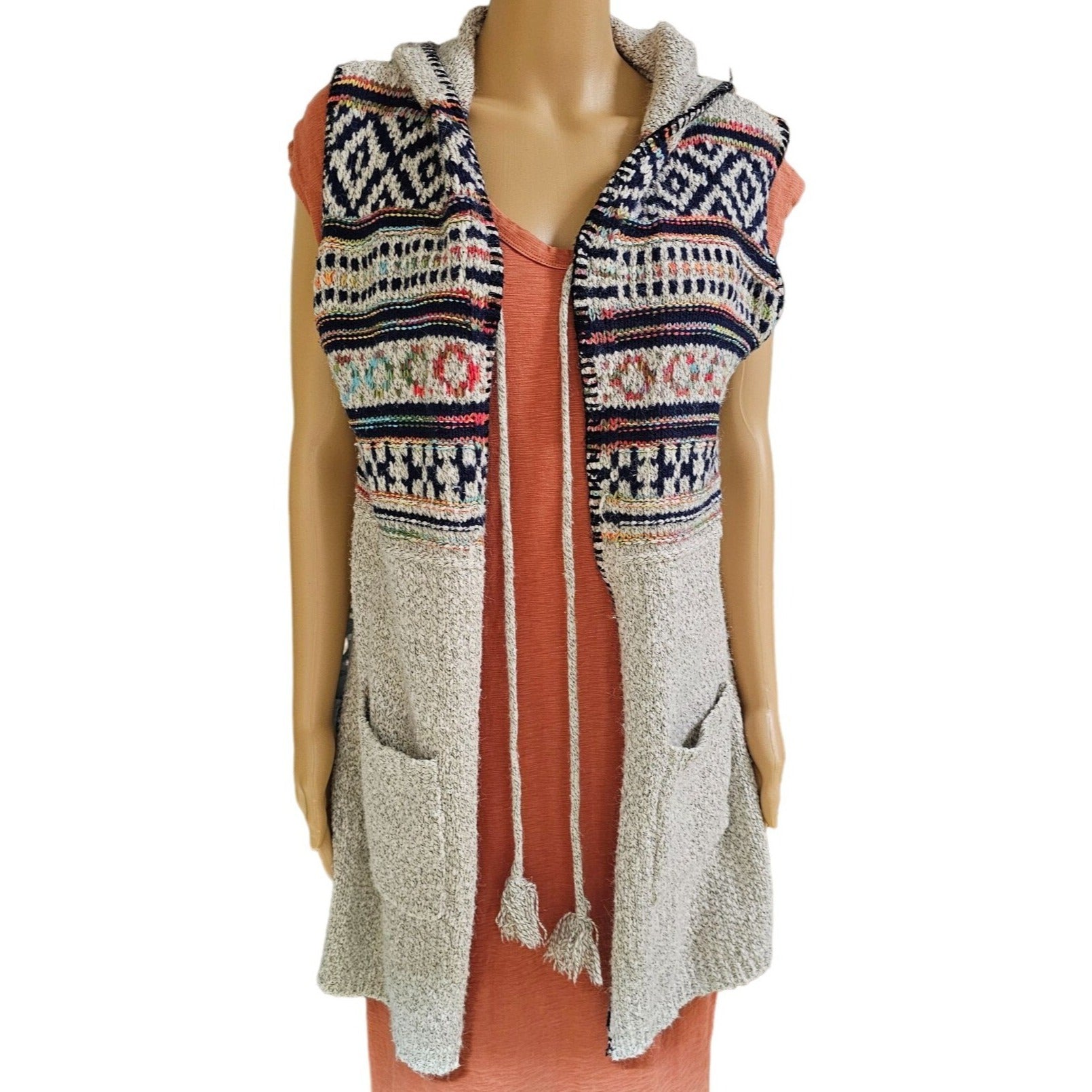 Jodifl Sleeveless Western Aztec Pattern Sweater Cardigan with Hood, Size Medium