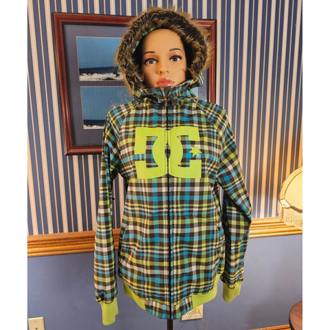 DC Exotex 10,000 Series Blue and Green Plaid Hoodie Snowboard Winter Jacket, M