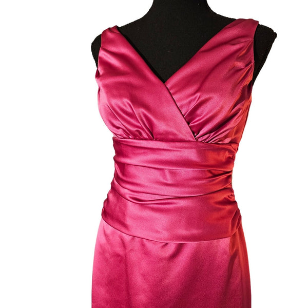 David's Bridal Deep Hot Pink Sleeveless Satin V-Neck Dress with Slim Skirt Size 2