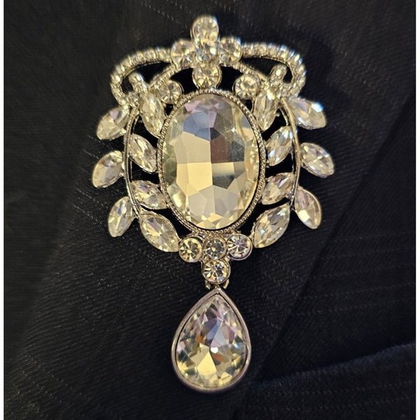 Oval and Teardrop White Crystal Standout Brooch 12