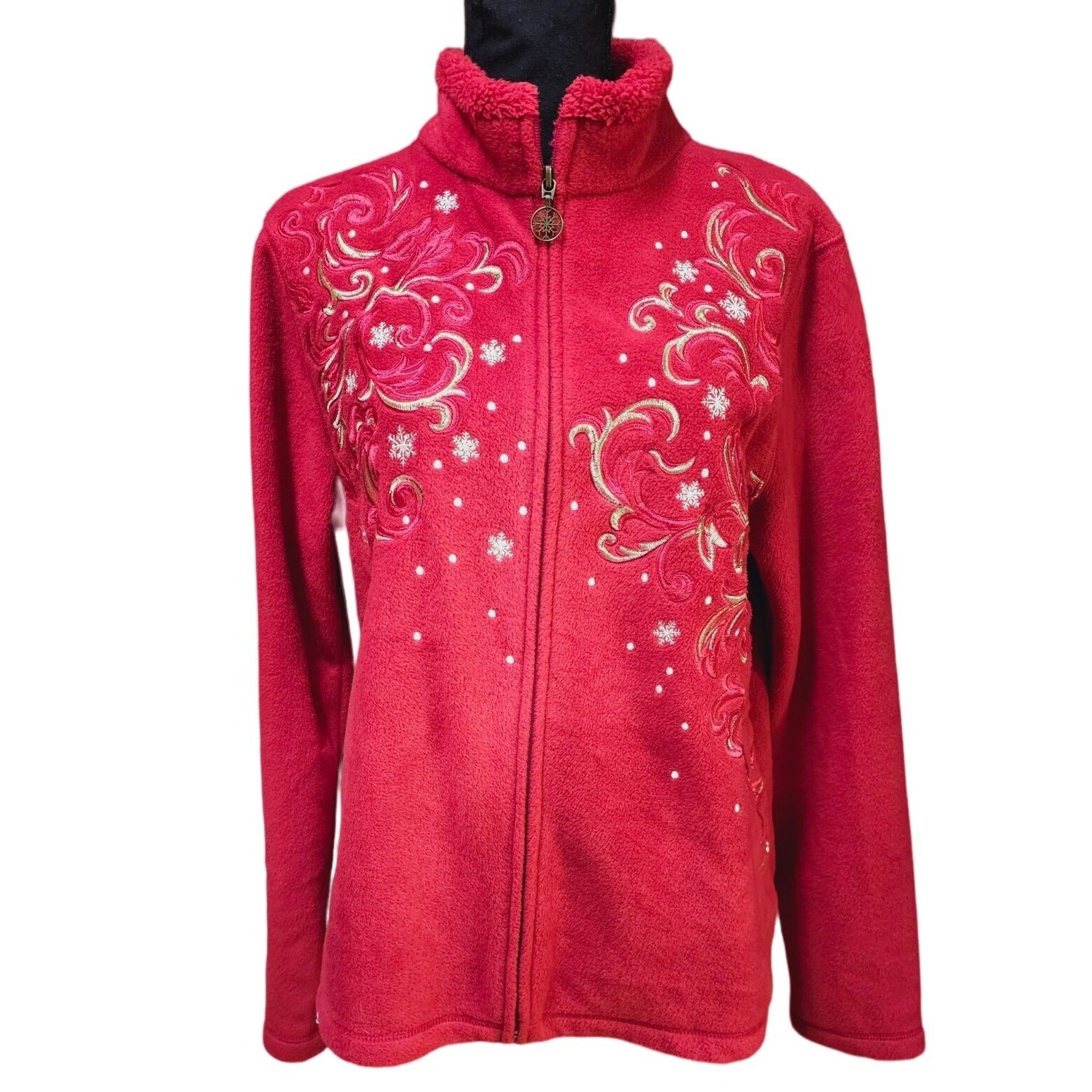 Croft & Barrow Red Fleece Whimsical Front Pattern Full Zip Jacket Coat, Size M