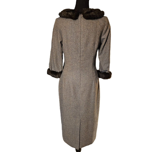 Shoshanna Retro Style Faux Fur Trim Wool Blead Sheath Cocktail Dress, Size 6