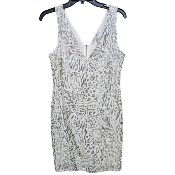 White & Black Sequined Leopard Pattern Sleeveless Mini-Dress. Size L