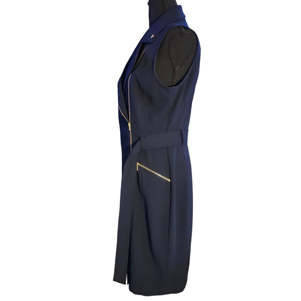 Calvin Klein Navy Blue Elegant to Casual Zipper Belted Scuba Crepe Fabric Dress
