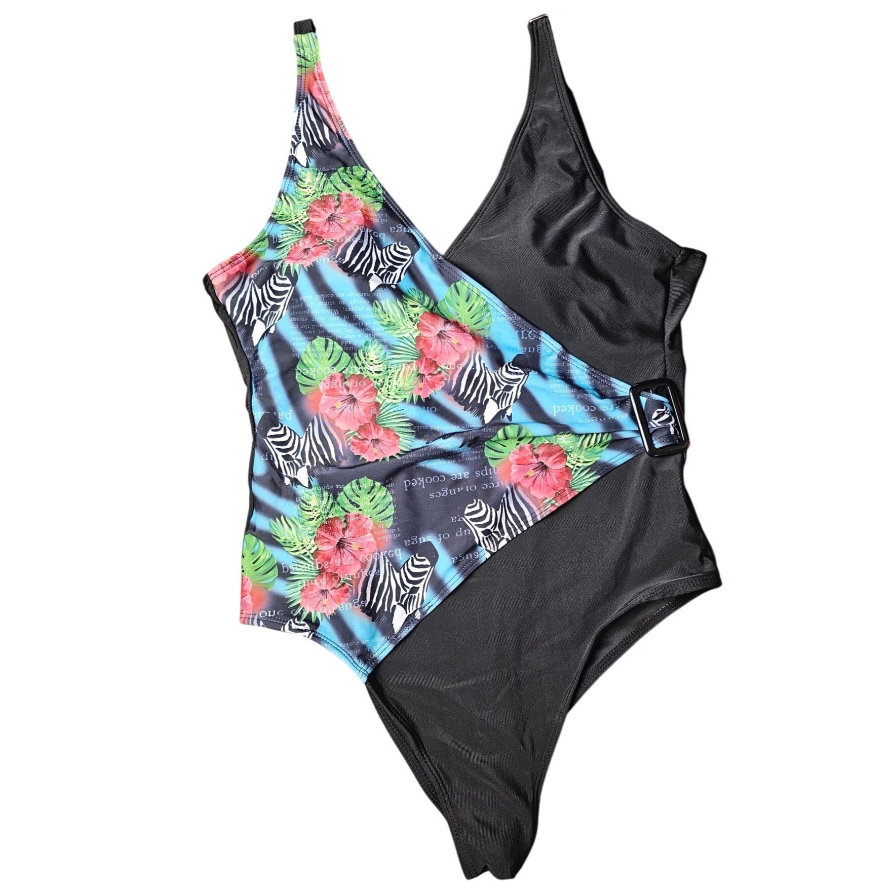 Size S Kian D Black Zebra & Floral Print with Shoulder Straps Swimsuit