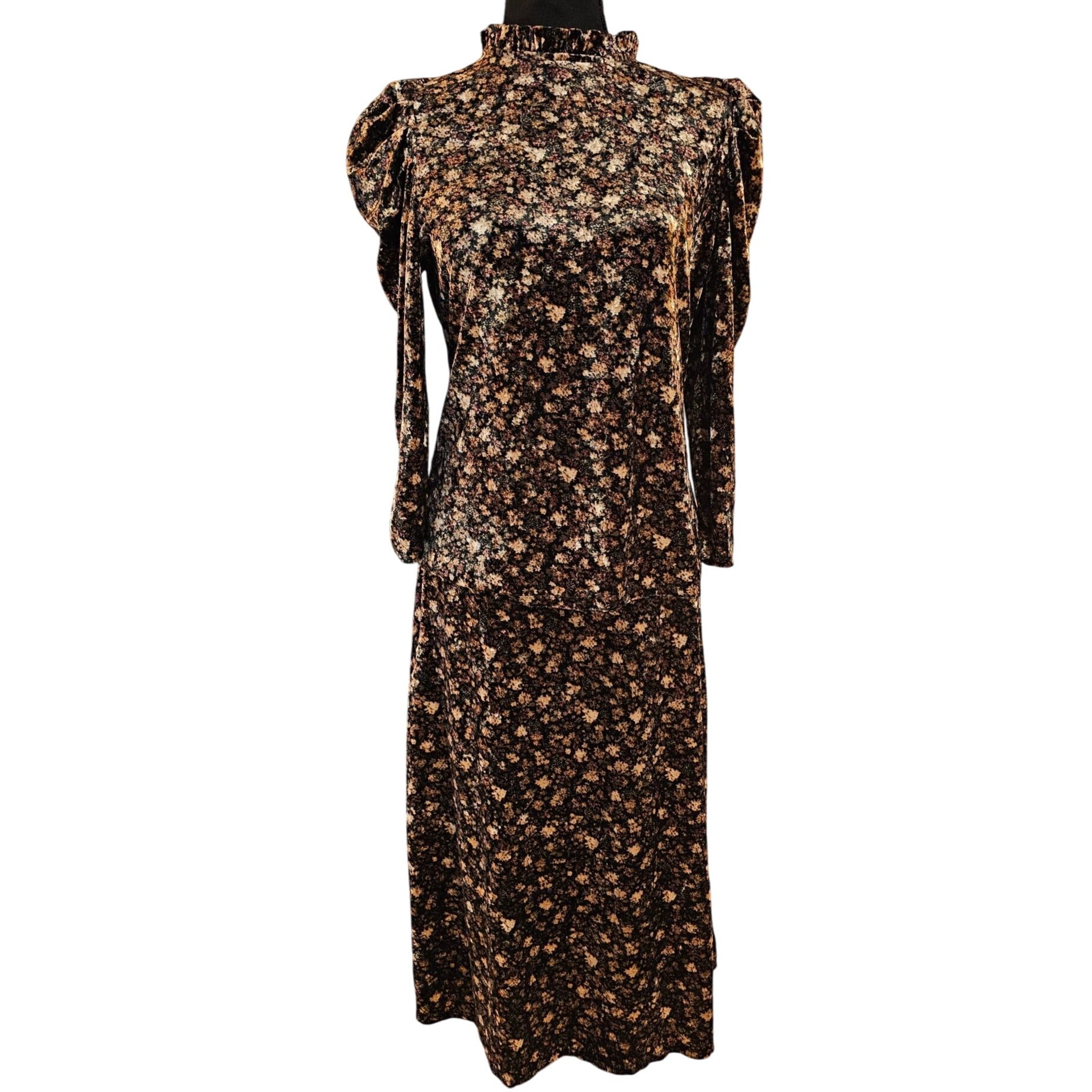 CeCe Black Floral Velvet Skirt w/ Matching Top Ruffle Collar & Puff Shoulders, S