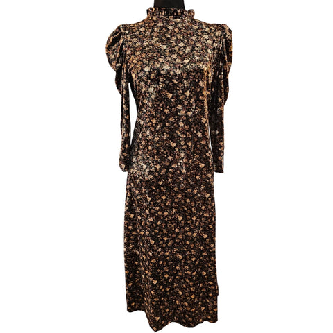 CeCe Black Floral Velvet Skirt w/ Matching Top Ruffle Collar & Puff Shoulders, S