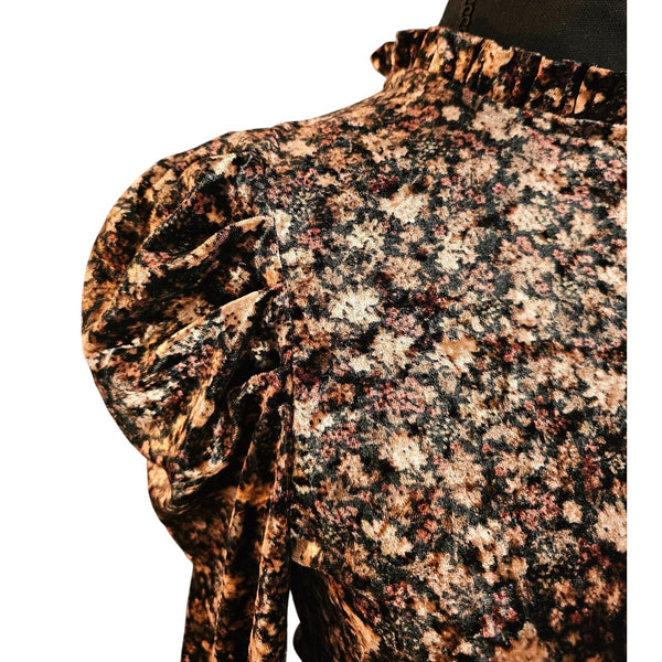 CeCe Black Floral Velvet Skirt w/ Matching Top Ruffle Collar & Puff Shoulders, S