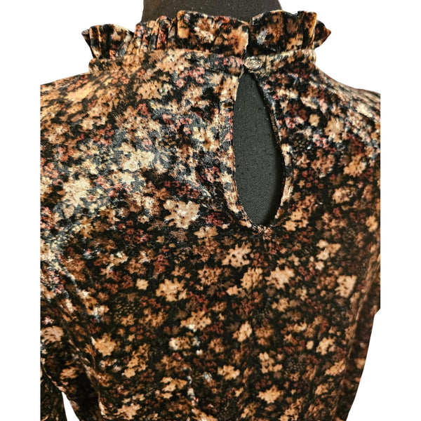 CeCe Black Floral Velvet Skirt w/ Matching Top Ruffle Collar & Puff Shoulders, S