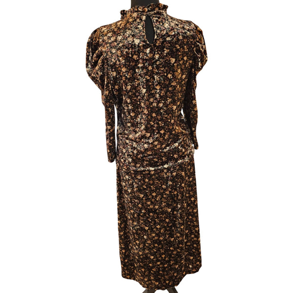CeCe Black Floral Velvet Skirt w/ Matching Top Ruffle Collar & Puff Shoulders, S