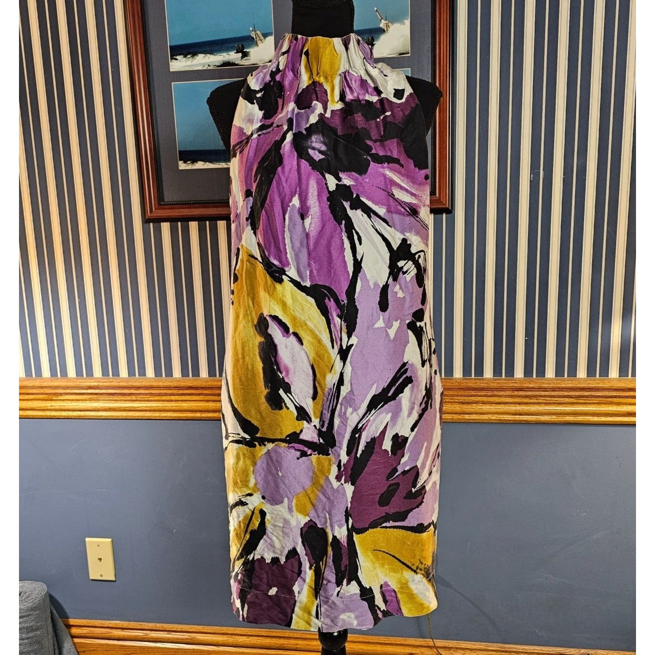 Taylor Sleeveless Halter A-Line Dress Size6 Purple Yellow Black Floral 100% Silk