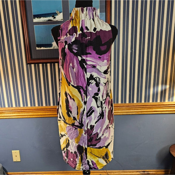 Taylor Sleeveless Halter A-Line Dress Size6 Purple Yellow Black Floral 100% Silk