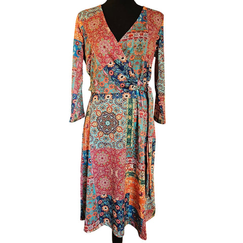 Sunny Leigh Hobo Patchwork Floral Wrap Silhouette Dress Lightweight and Smooth S