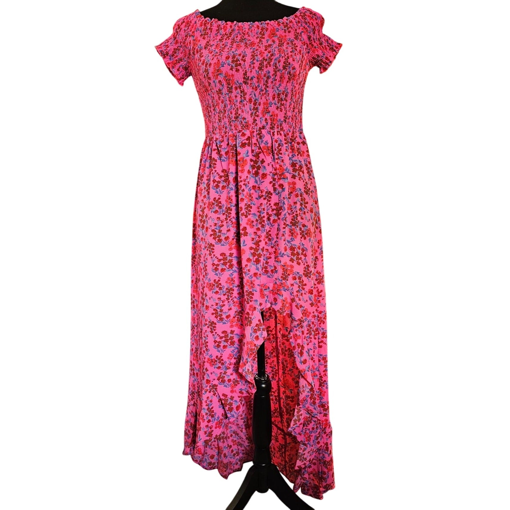 Crystal Doll Floral Smocked Searsucker Off-Shoulder High-Low Dress Pink & Red