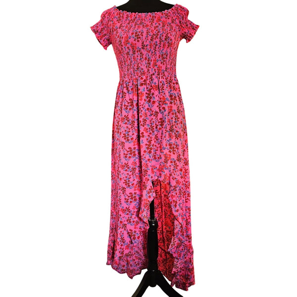 Crystal Doll Floral Smocked Searsucker Off-Shoulder High-Low Dress Pink & Red