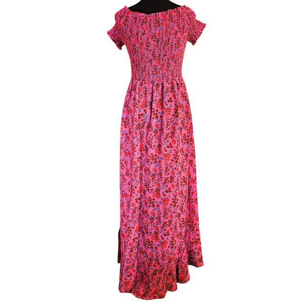 Crystal Doll Floral Smocked Searsucker Off-Shoulder High-Low Dress Pink & Red