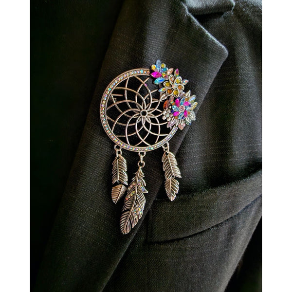 Large Dream Catcher Jeweled Brooch with Dangling Feathers 5