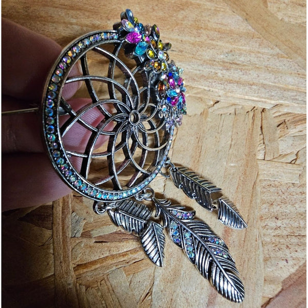 Large Dream Catcher Jeweled Brooch with Dangling Feathers 5