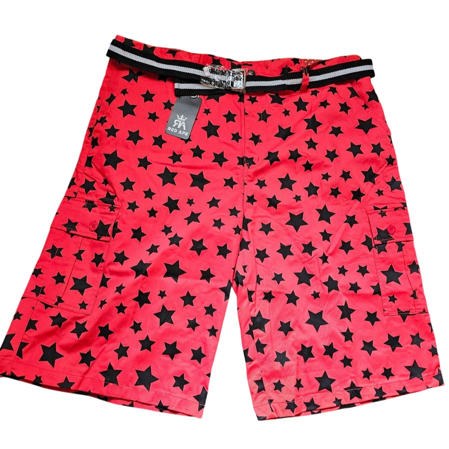 Red Ape Mens Red & Black Star Print Cargo Skater Shorts Size 46 100% Cotton